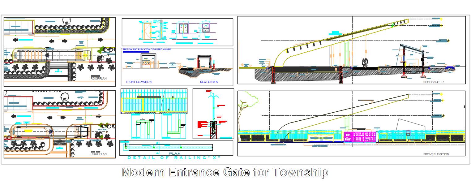 Township Entrance Gate DWG with Boundary Wall Details